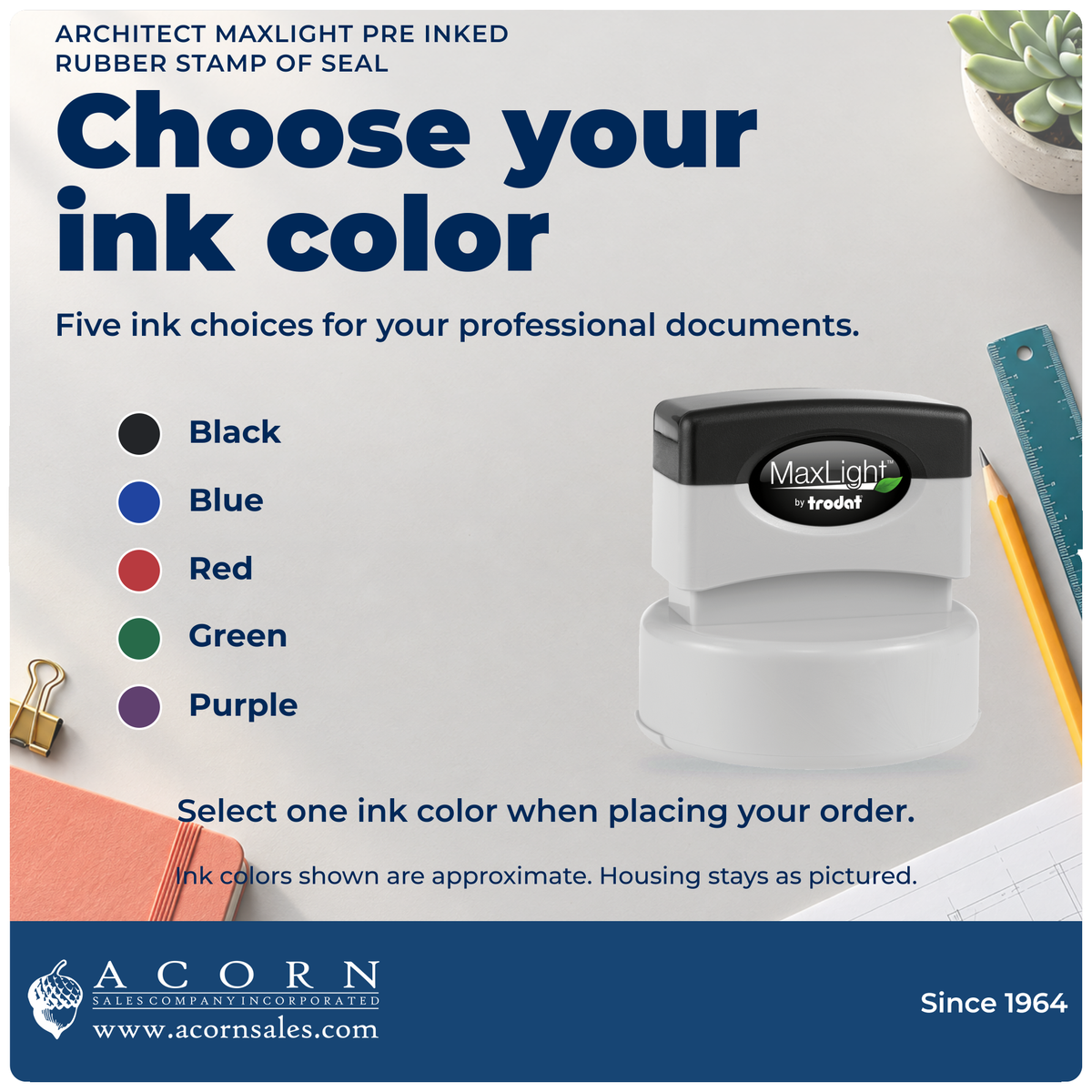 Architect stamp with 5 ink choices. Select one ink color; color samples are approximate.