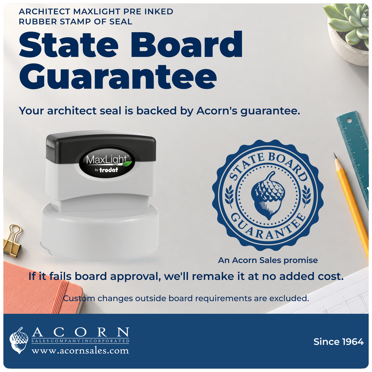 Architect seal: Acorn's State Board Guarantee, no-cost remake and custom-change exclusion.