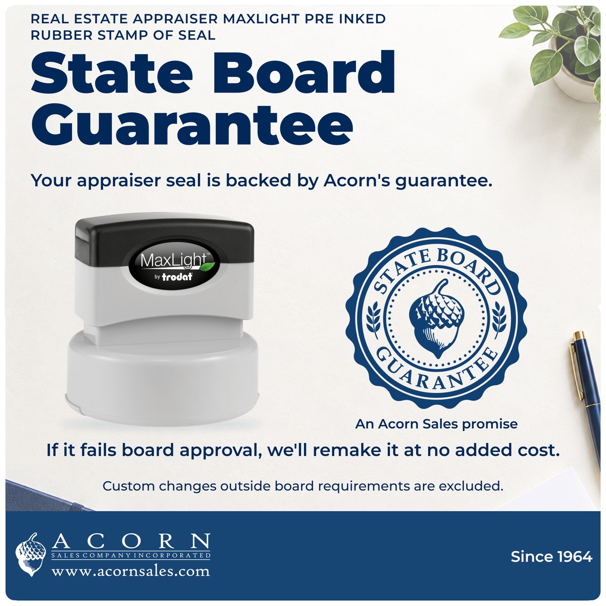 Real Estate Appraiser seal: Acorn's State Board Guarantee, no-cost remake and custom-change exclusion.