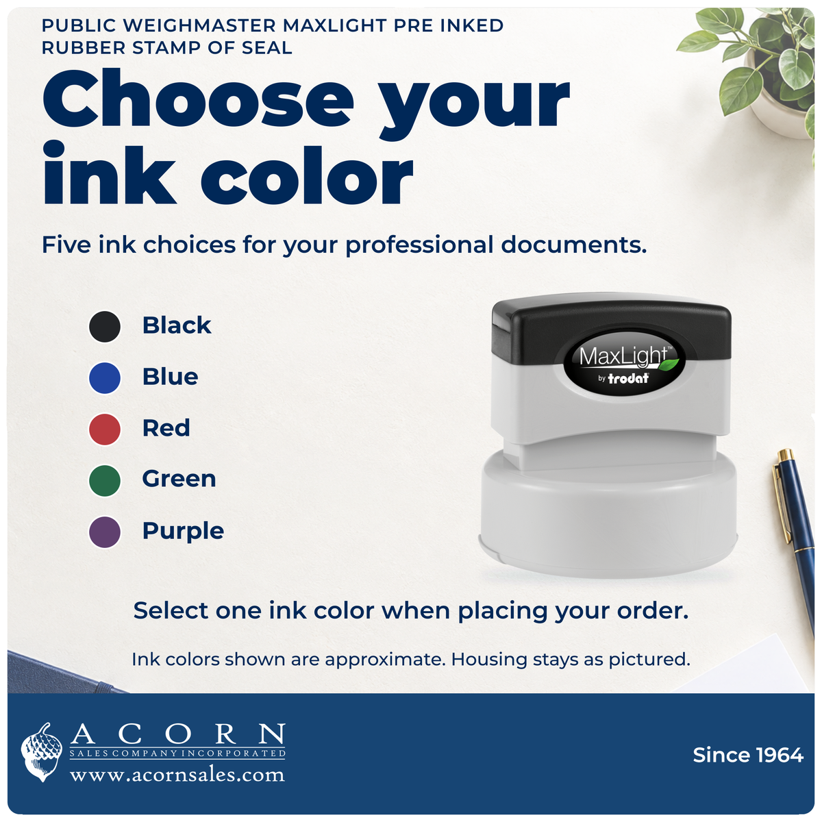 Public Weighmaster stamp with 5 ink choices. Select one ink color; color samples are approximate.