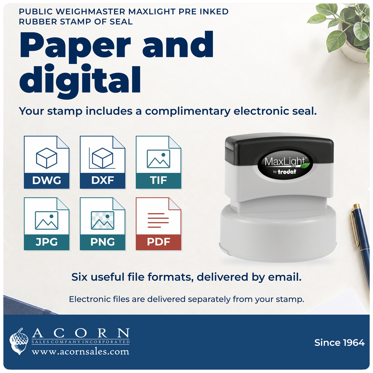 Public Weighmaster stamp includes DWG, DXF, TIF, JPG, PNG and PDF eSeal files delivered by email.