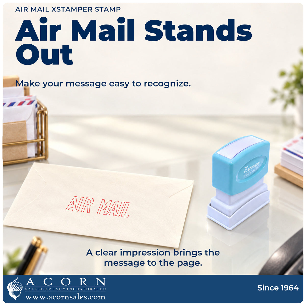 "Air mail" imprint on office paperwork beside the Air Mail Envelope Stamp