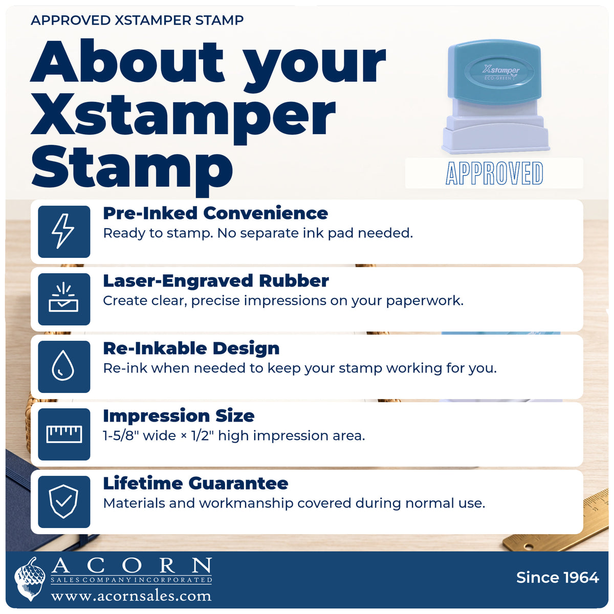 About your Xstamper Approved Stamp: Xstamper 1008 pre-inked stock stamp facts