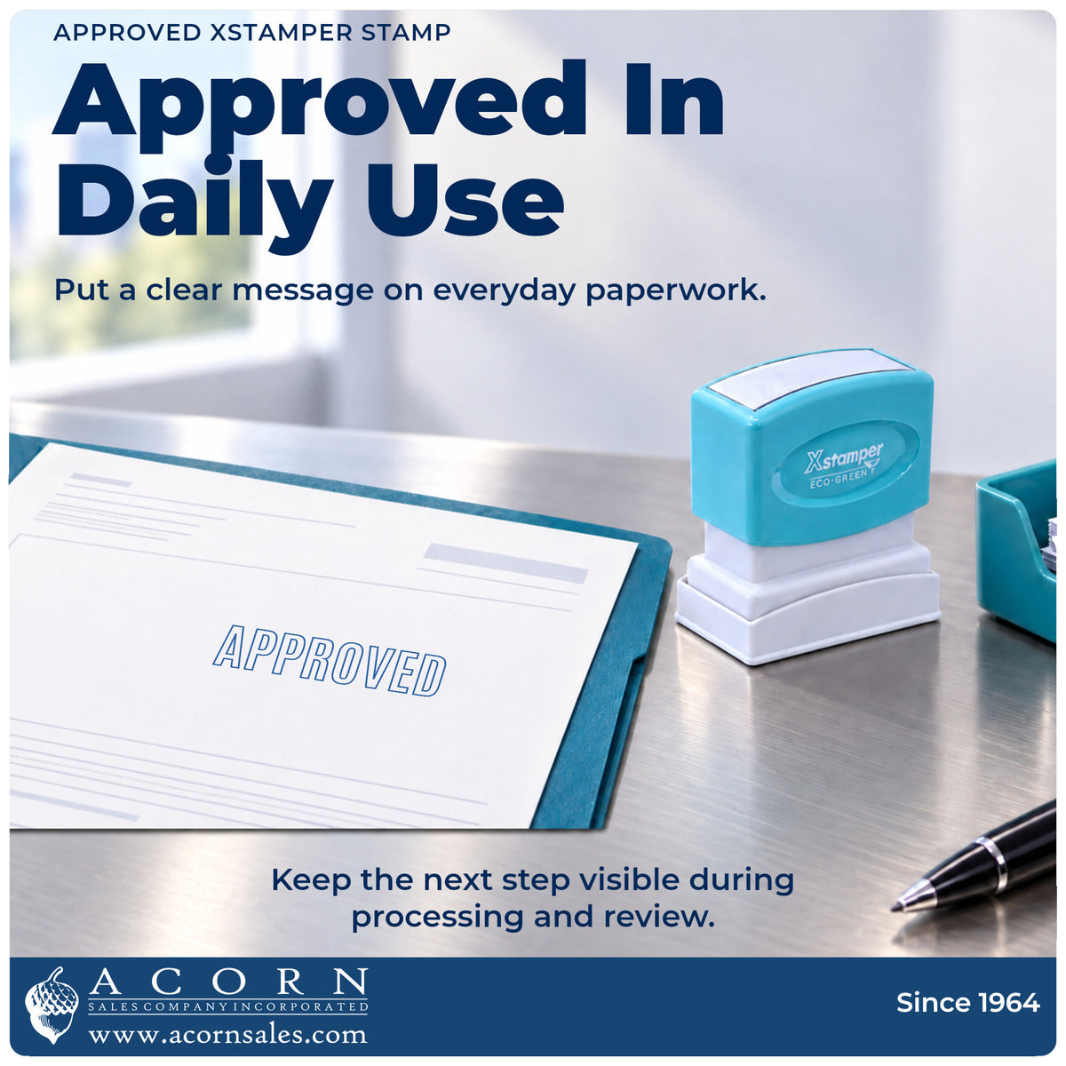 Xstamper Approved Stamp being pressed to leave an imprint reading "Approved"