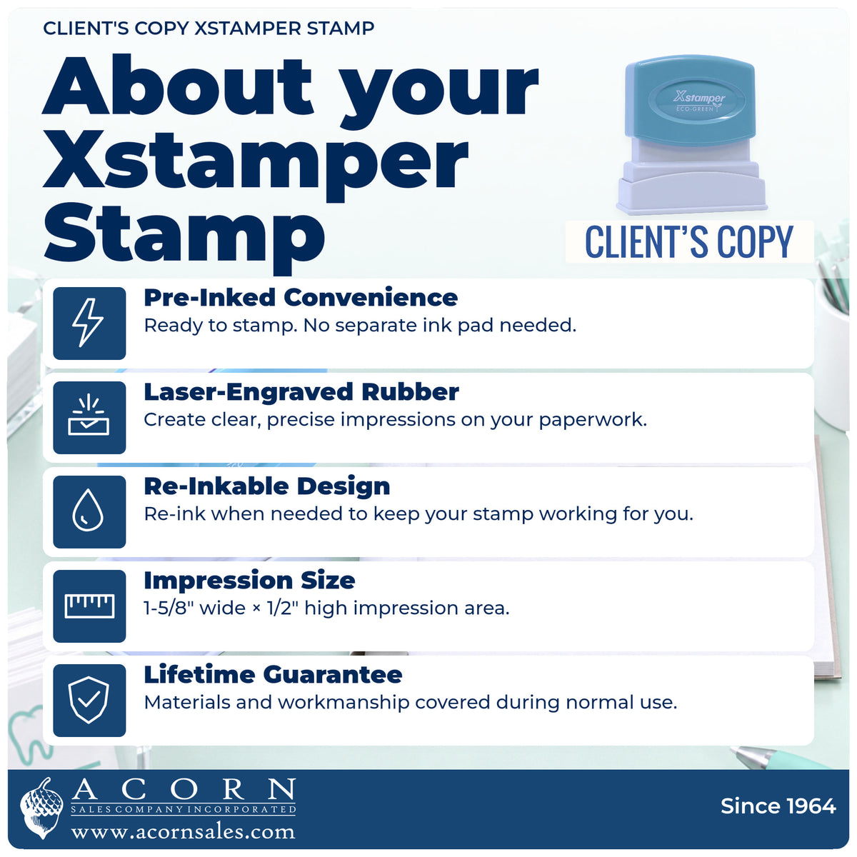 About your Client's Copy Stamp For Document Distribution: Xstamper 1138 pre-inked stock stamp facts