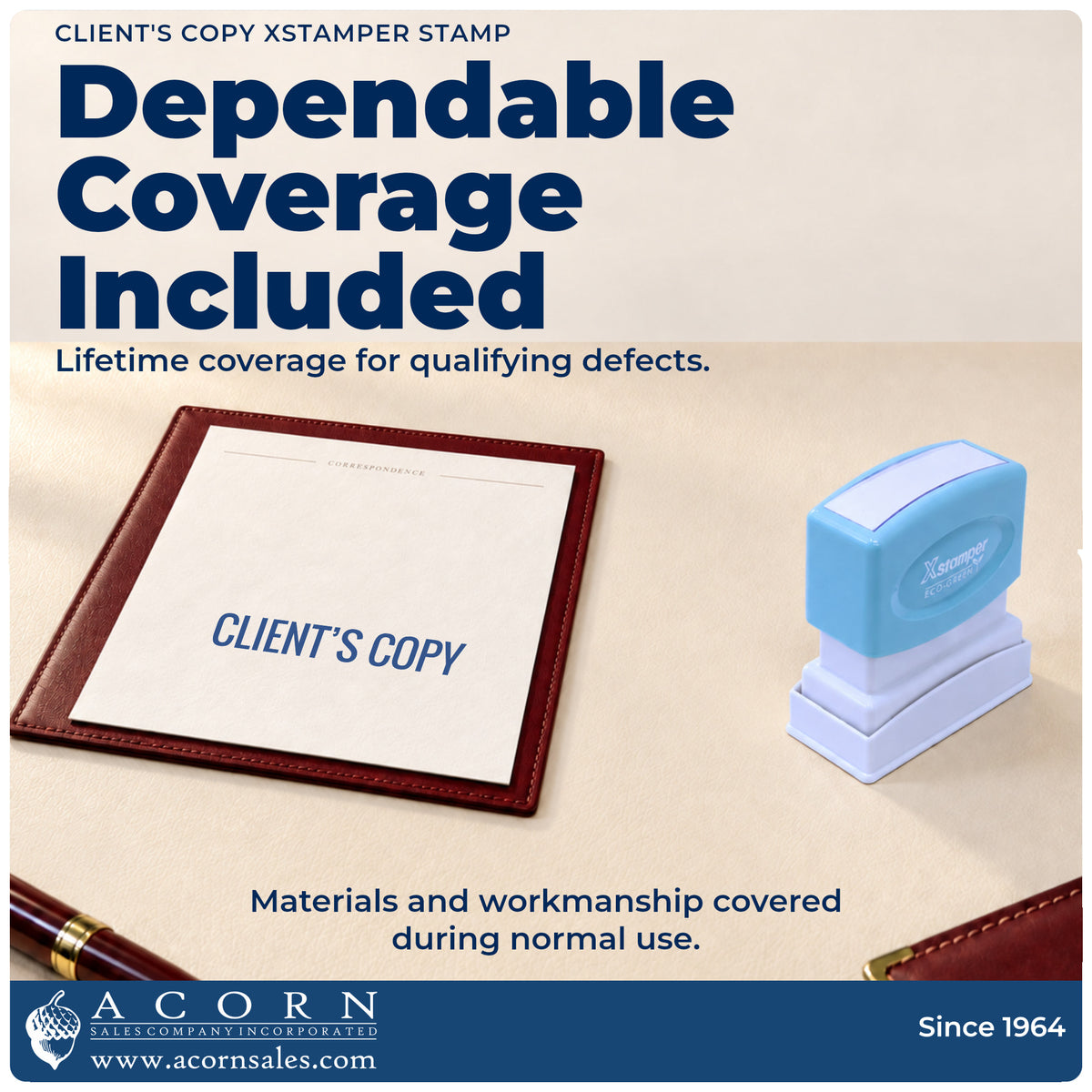 Lifetime guarantee graphic shown with the Client's Copy Stamp For Document Distribution from Acorn Sales
