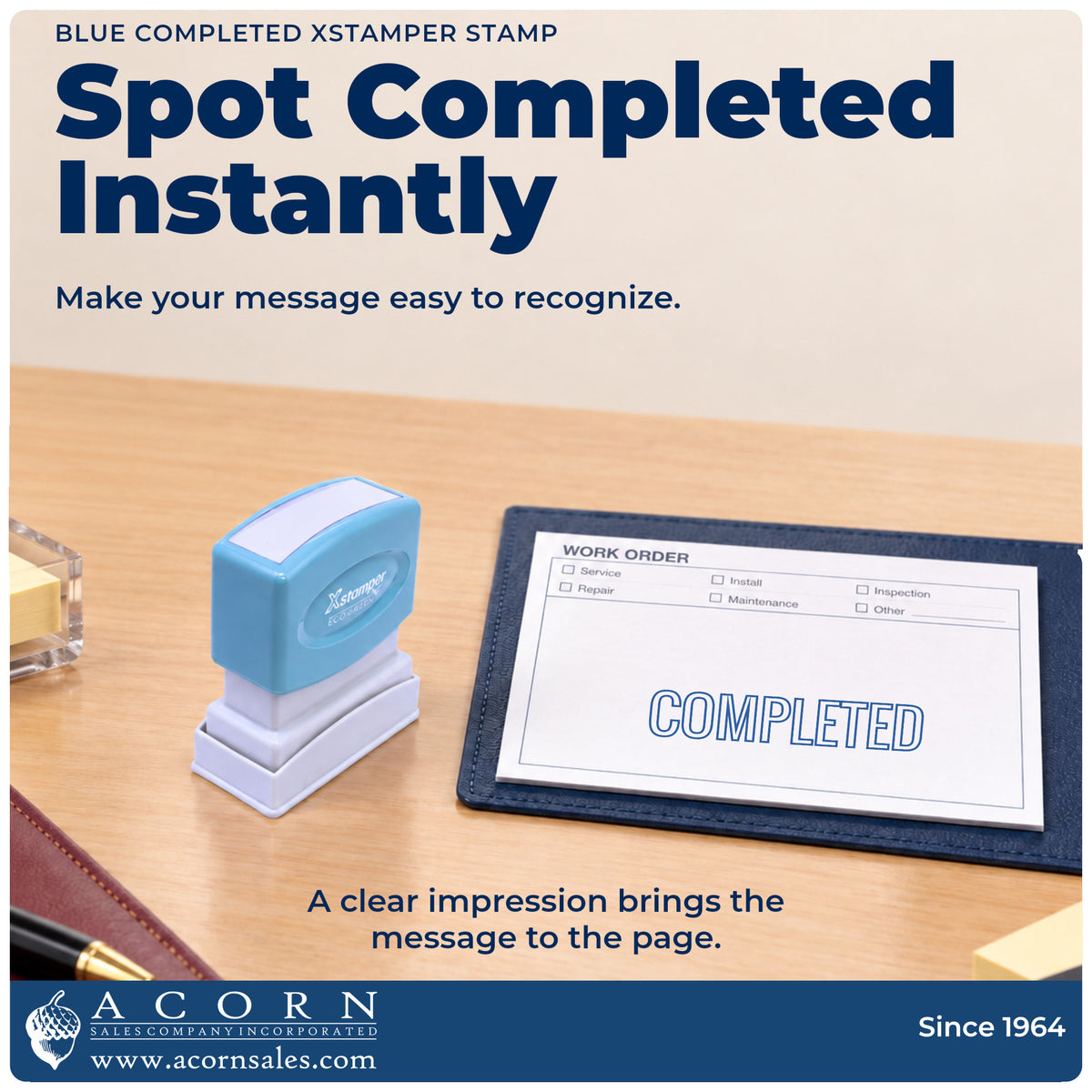 "Completed" imprint on office paperwork beside the Blue Completed Office Stamp