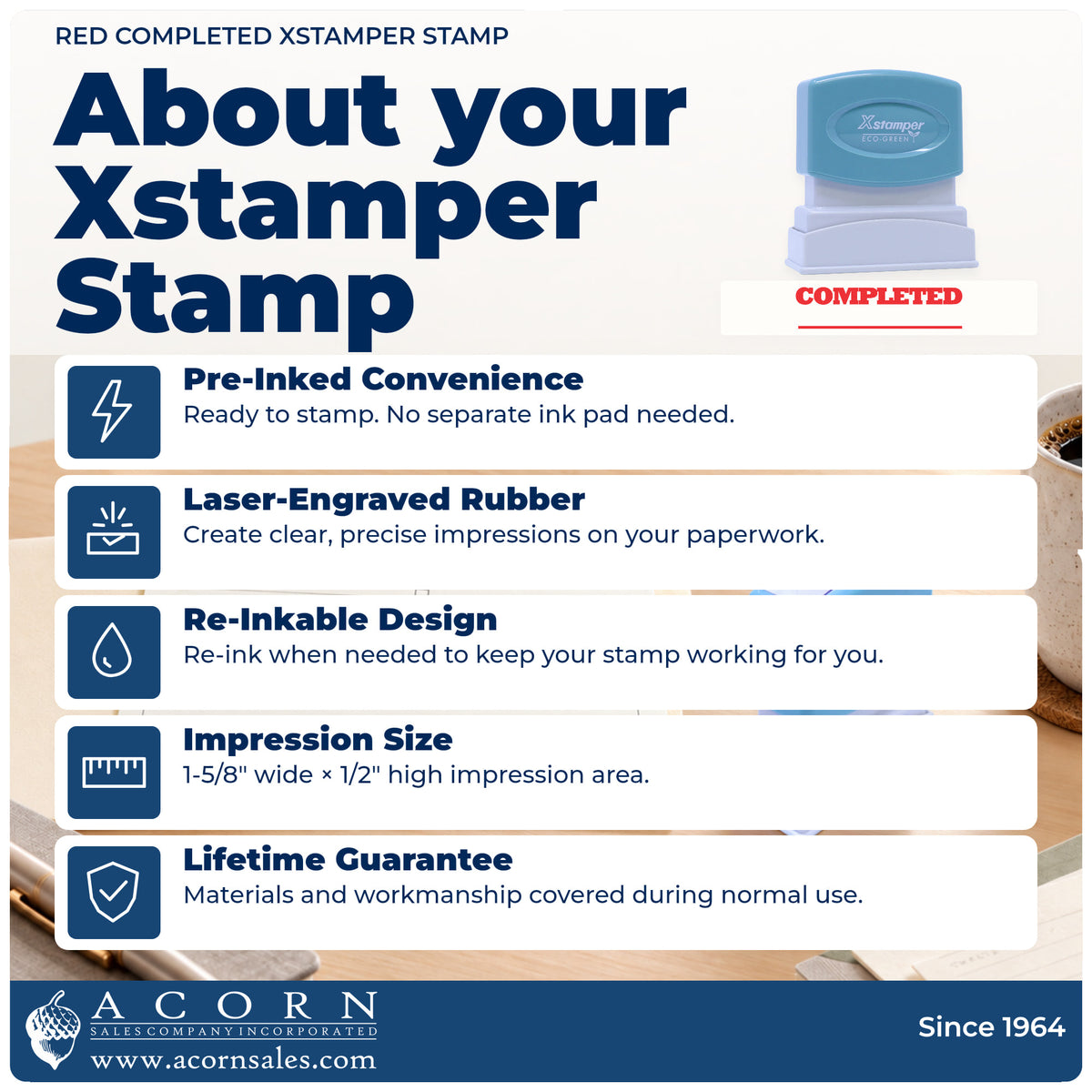 About your Completed Stamp – Red Pre-Inked Xstamper: Xstamper 1214 pre-inked stock stamp facts