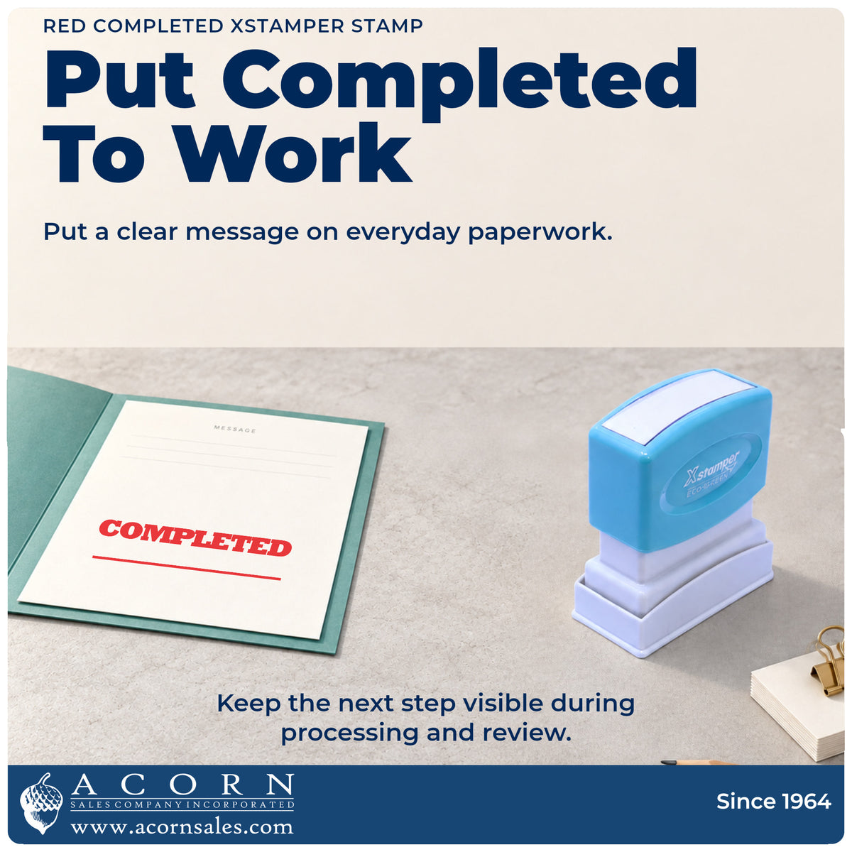 Completed Stamp – Red Pre-Inked Xstamper being pressed to leave an imprint reading "Completed"