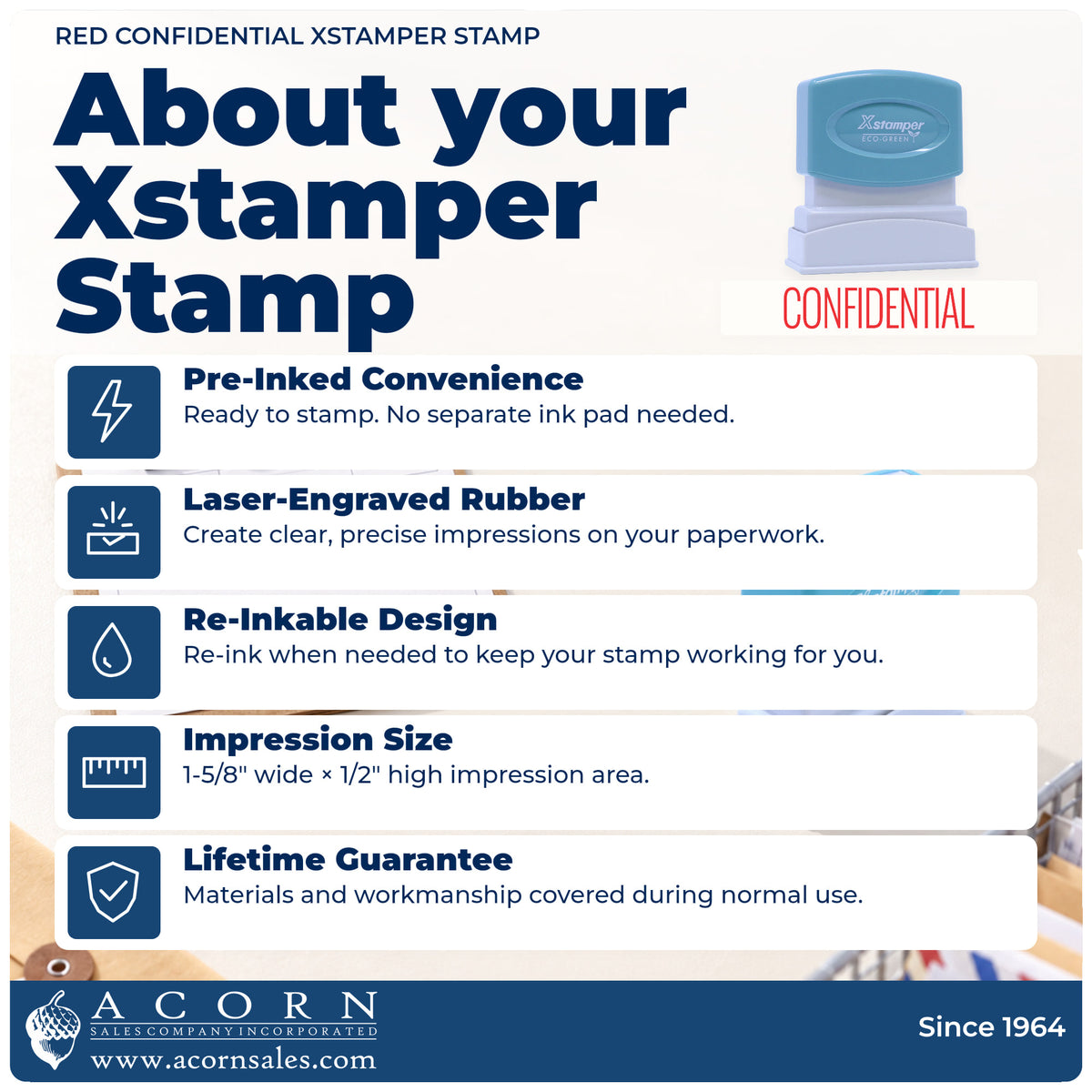 About your Red Confidential File Stamp: Xstamper 1130 pre-inked stock stamp facts