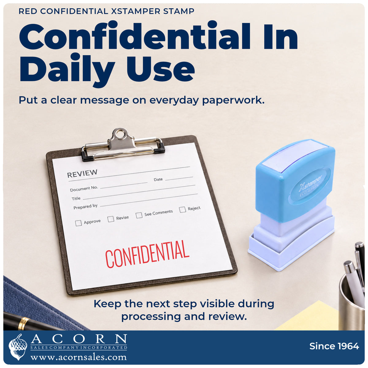 Red Confidential File Stamp being pressed to leave an imprint reading "Confidential"