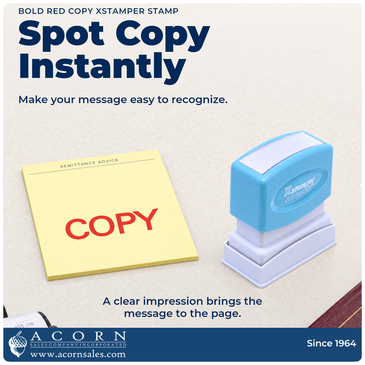"Copy" imprint on office paperwork beside the Bold Red Copy Stamp
