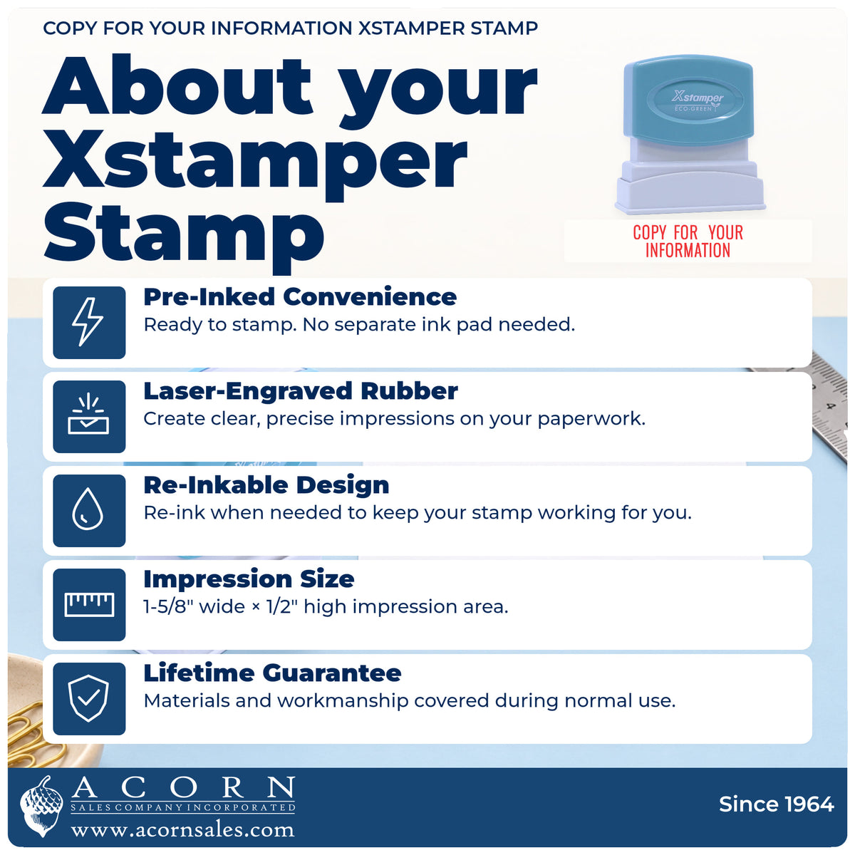 About your Xstamper Copy For Your Information Stamp: Xstamper 1069 pre-inked stock stamp facts