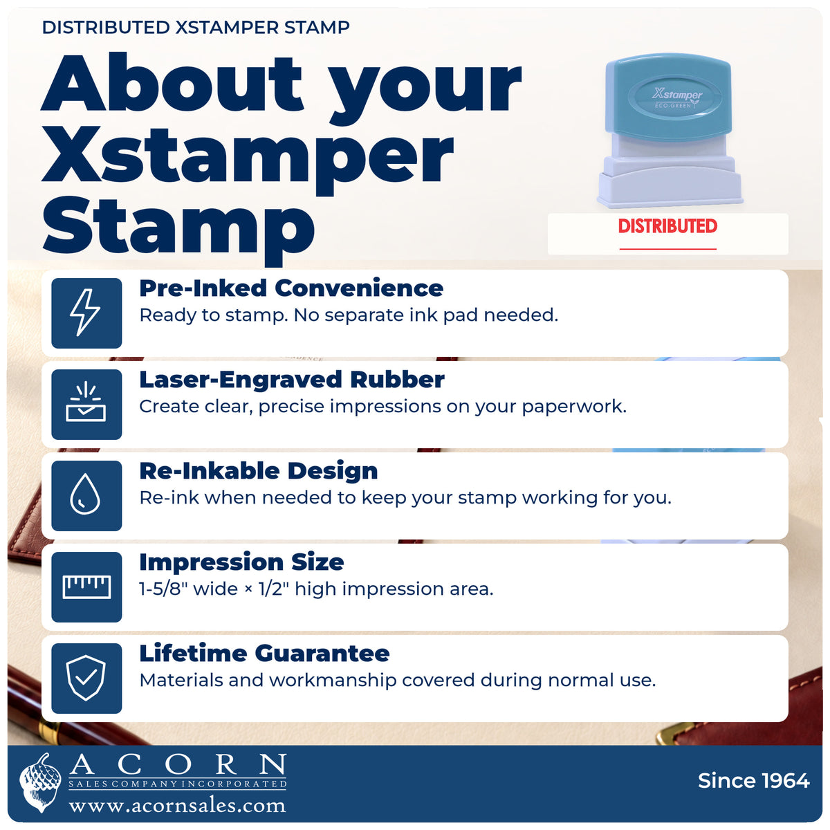 About your Distributed Document Stamp: Xstamper 1215 pre-inked stock stamp facts