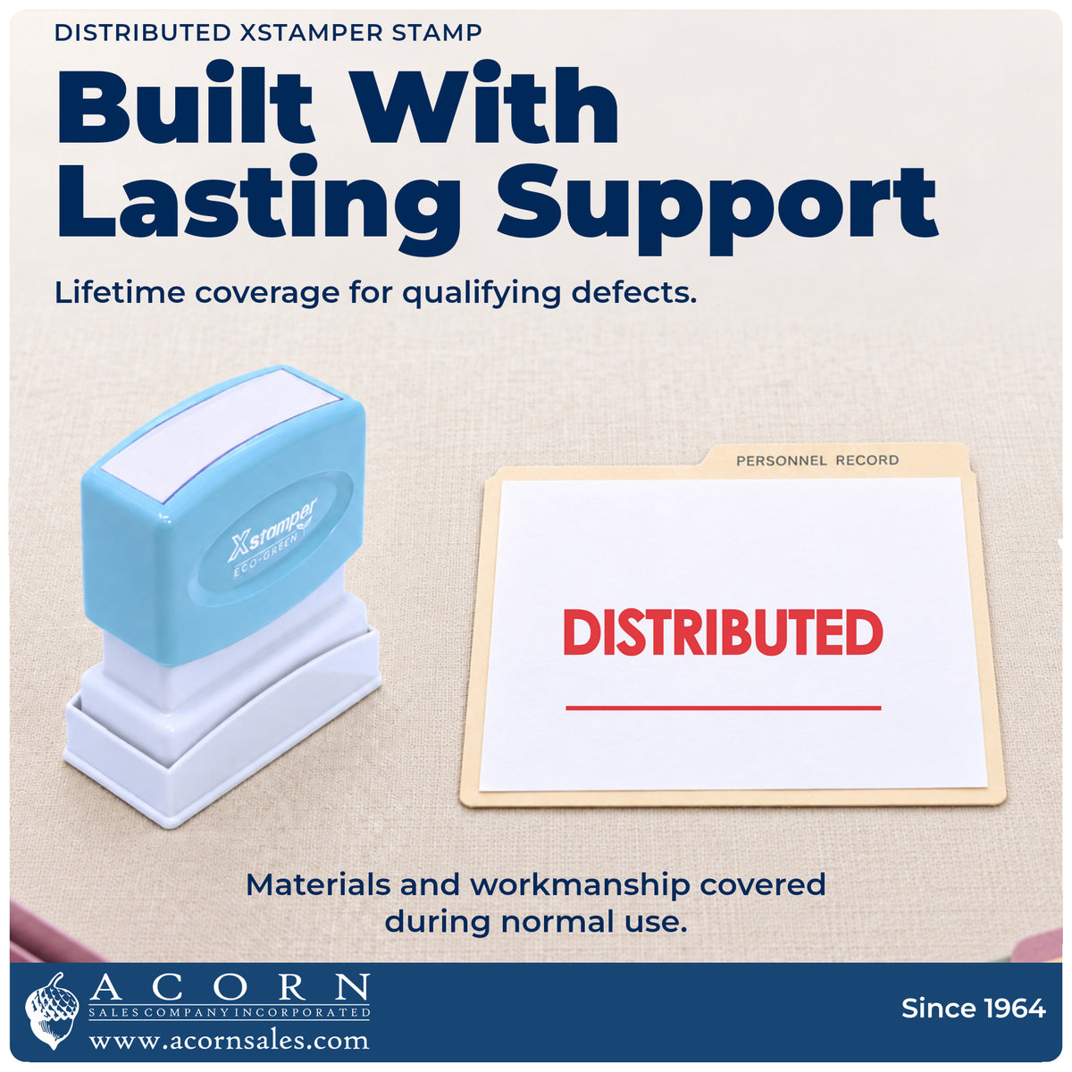 Lifetime guarantee graphic shown with the Distributed Document Stamp from Acorn Sales