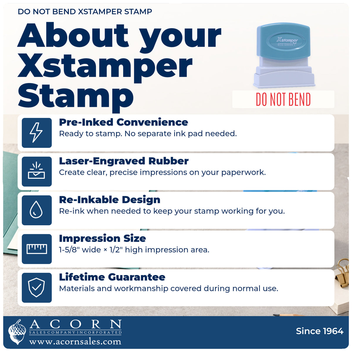 About your Xstamper Do Not Bend Mailing Stamp: Xstamper 1537 pre-inked stock stamp facts