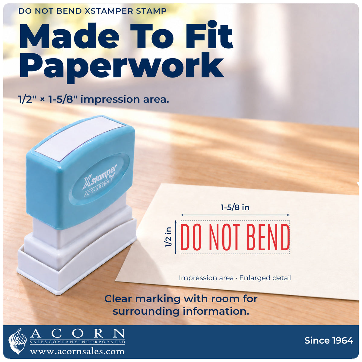 Impression size guide: the "Do not bend" imprint measures 1-5/8 x 1/2 in