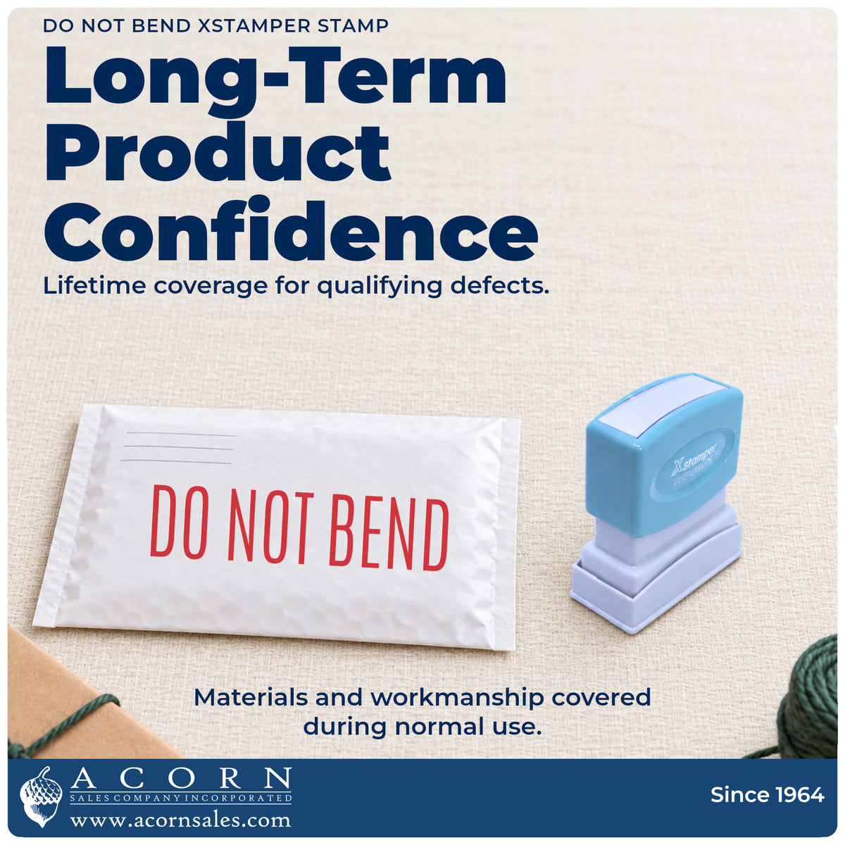Lifetime guarantee graphic shown with the Xstamper Do Not Bend Mailing Stamp from Acorn Sales