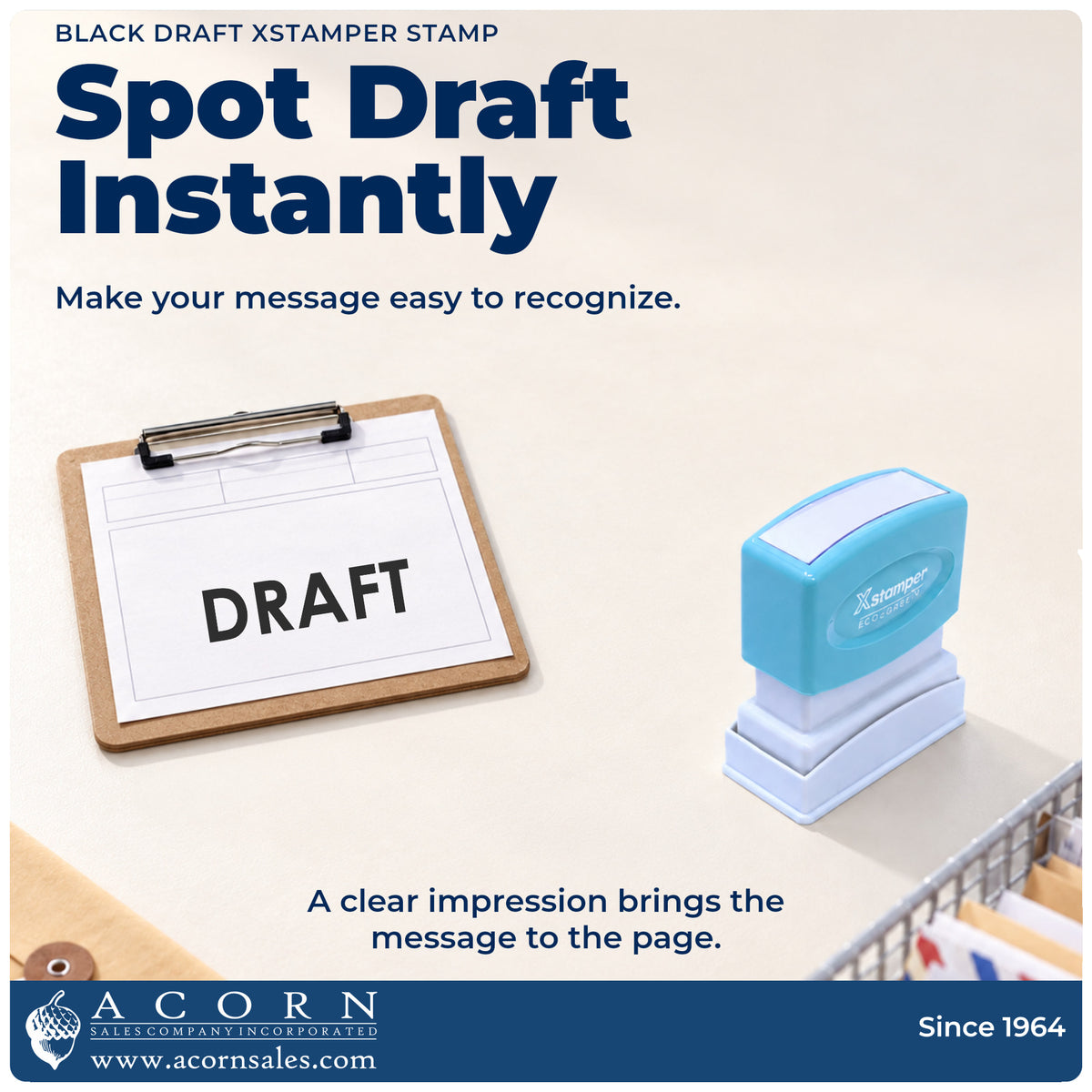 "Draft" imprint on office paperwork beside the Xstamper Draft Stamp – Black Pre-Inked