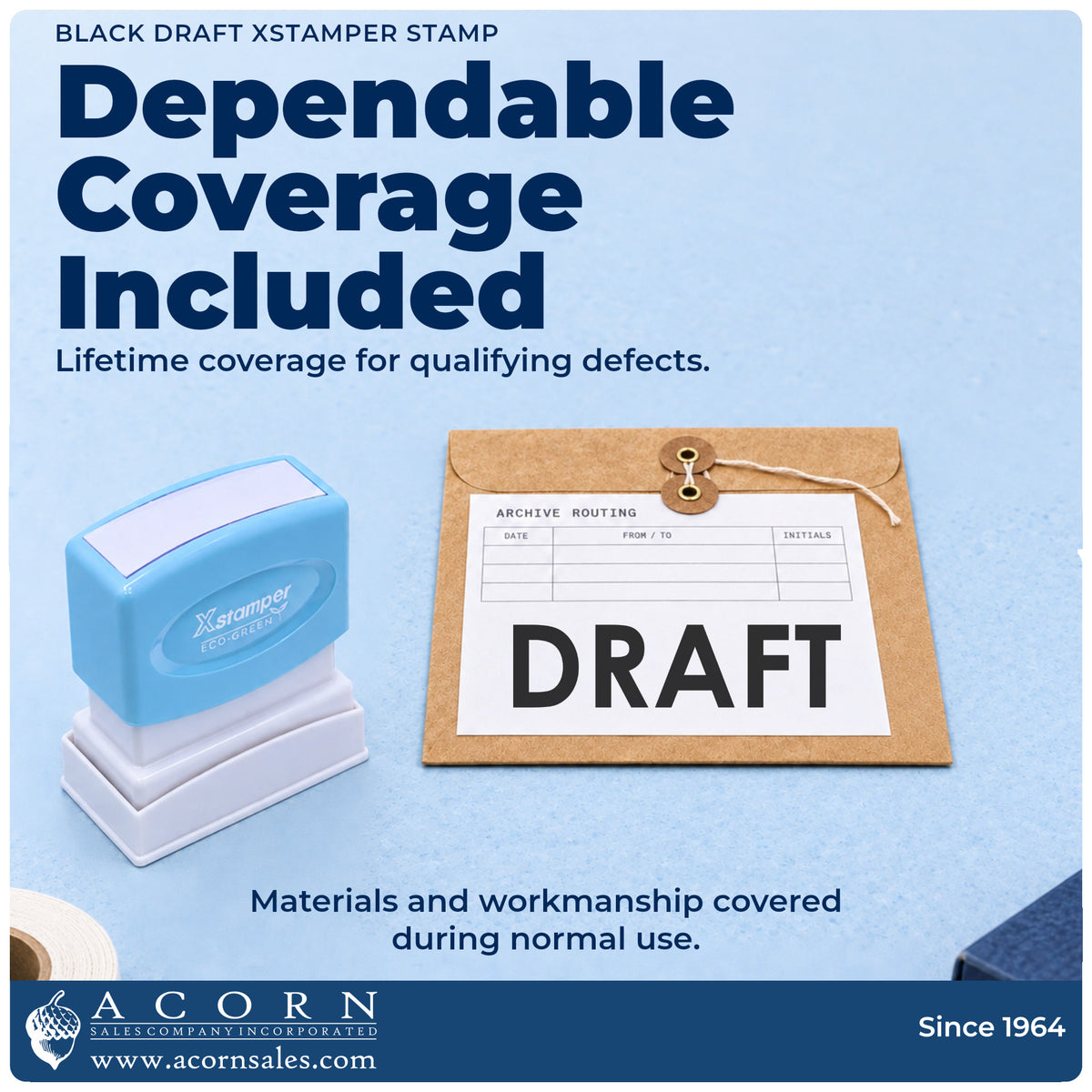 Lifetime guarantee graphic shown with the Xstamper Draft Stamp – Black Pre-Inked from Acorn Sales