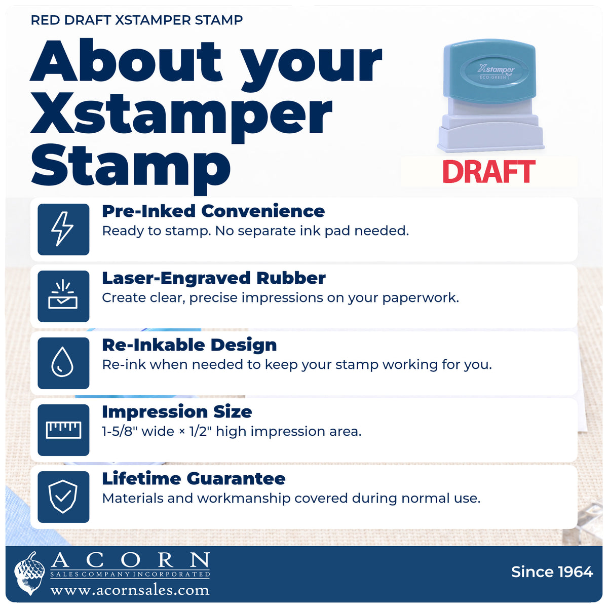 About your Draft Stamp For Document Review – Red Pre-Inked Xstamper: Xstamper 1360 pre-inked stock stamp facts