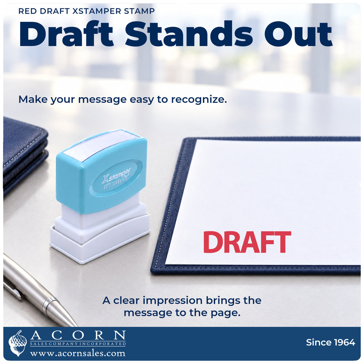 "Draft" imprint on office paperwork beside the Draft Stamp For Document Review – Red Pre-Inked Xstamper