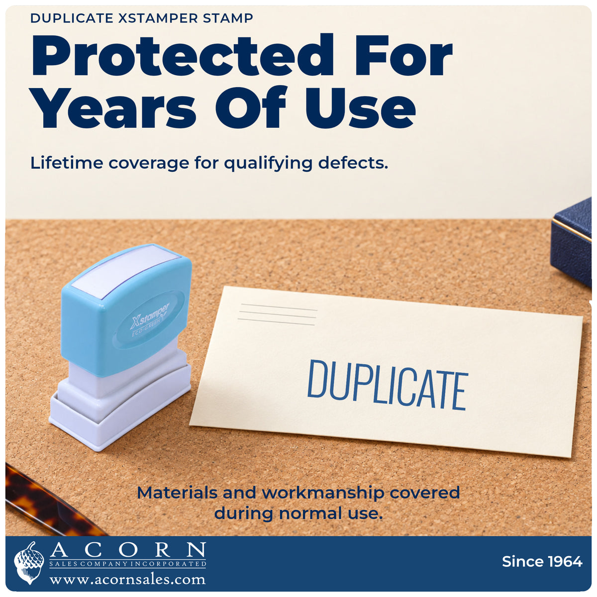 Lifetime guarantee graphic shown with the Duplicate Stamp from Acorn Sales