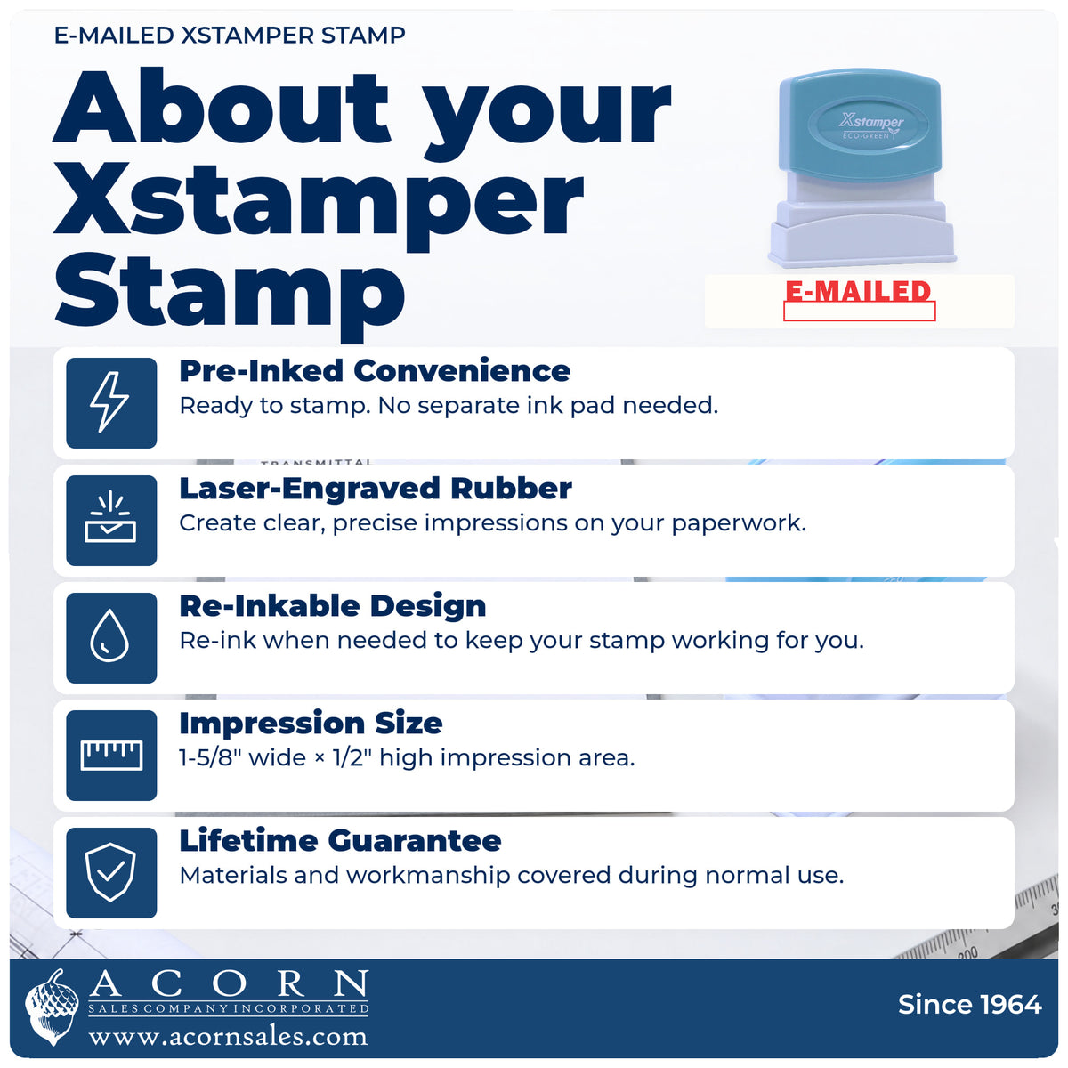 About your E-Mailed Stamp: Xstamper 1650 pre-inked stock stamp facts