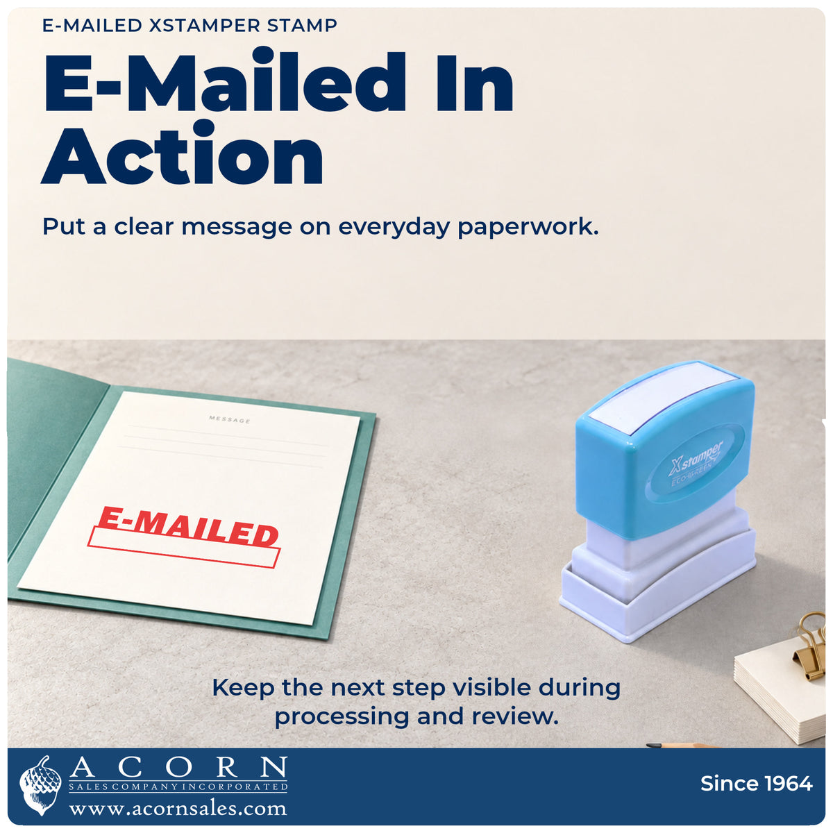 E-Mailed Stamp being pressed to leave an imprint reading "E-mailed"