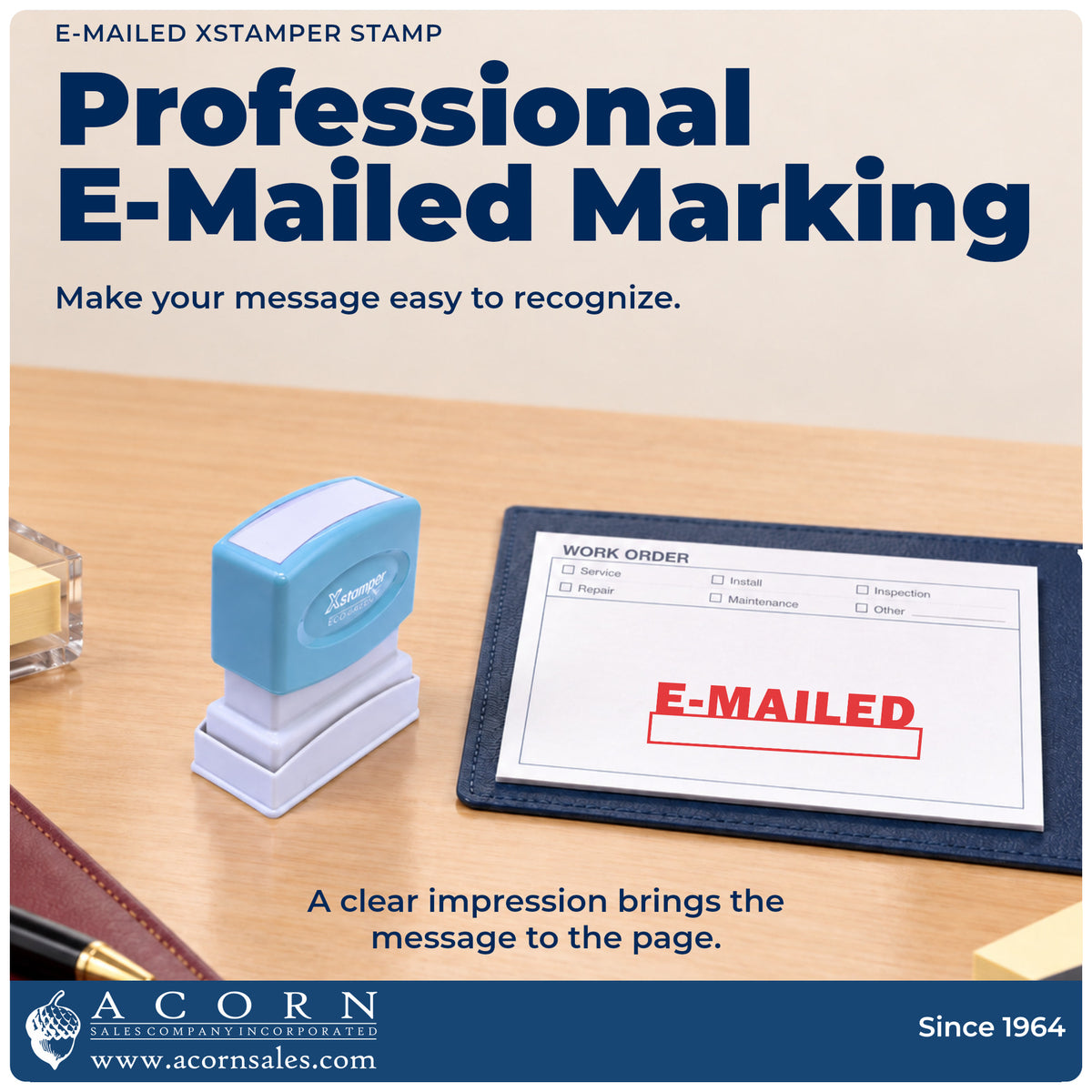 "E-mailed" imprint on office paperwork beside the E-Mailed Stamp