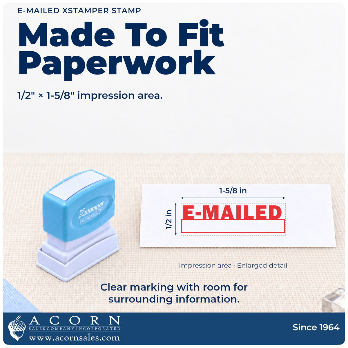 Impression size guide: the "E-mailed" imprint measures 1-5/8 x 1/2 in