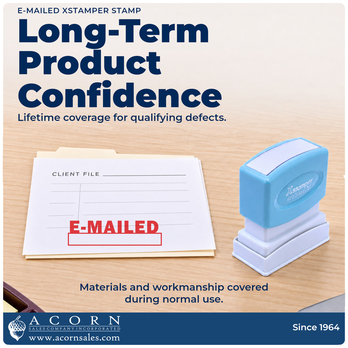 Lifetime guarantee graphic shown with the E-Mailed Stamp from Acorn Sales