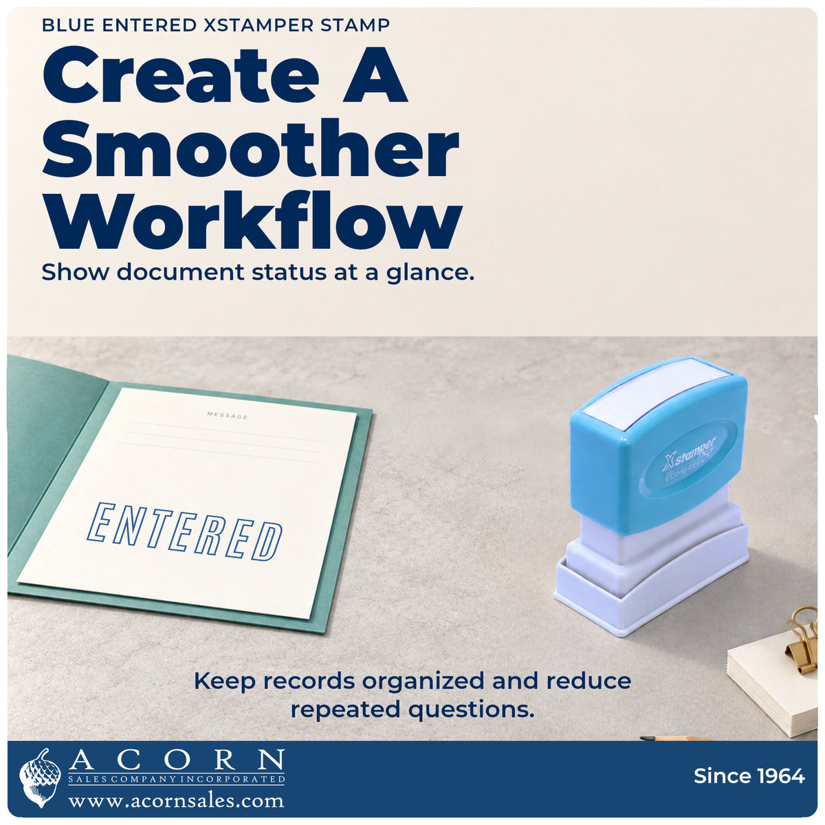 Office workflow showing where the "Entered" stamp marks documents