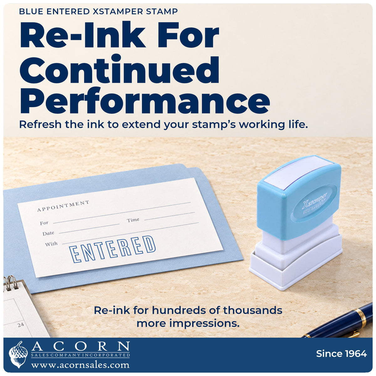 Re-inkable pre-inked build of the Blue Entered Stamp shown in detail