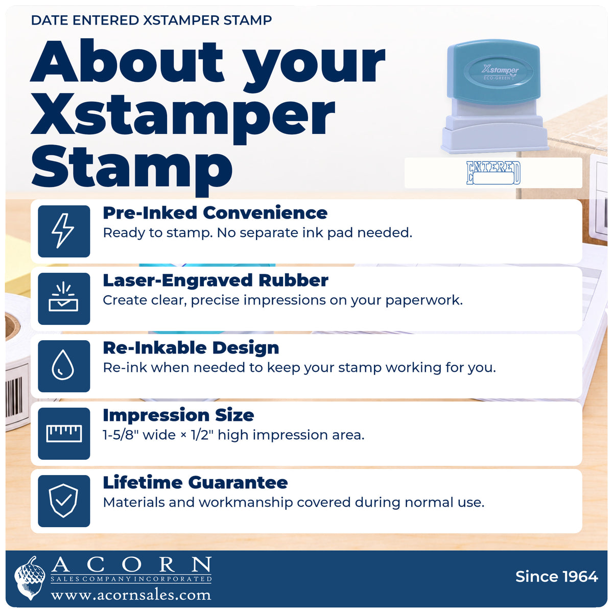About your Xstamper Date Entered Stamp: Xstamper 1205 pre-inked stock stamp facts