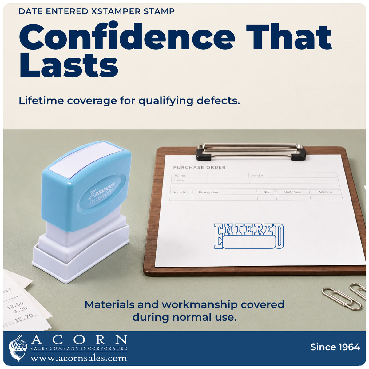 Lifetime guarantee graphic shown with the Xstamper Date Entered Stamp from Acorn Sales