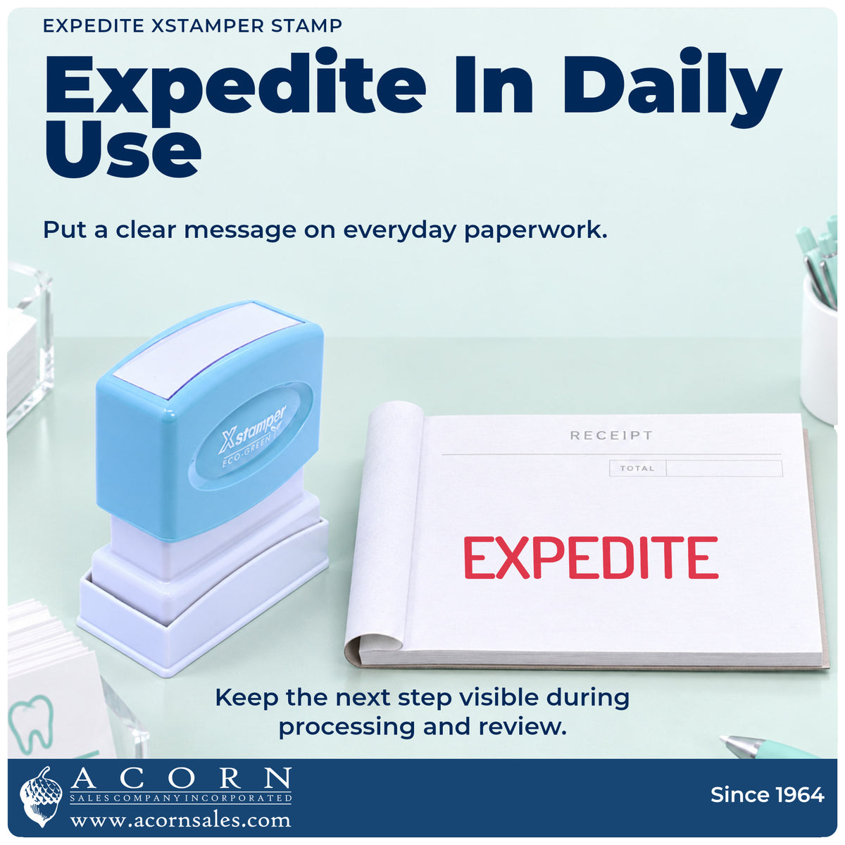 Xstamper Expedite Stamp being pressed to leave an imprint reading "Expedite"
