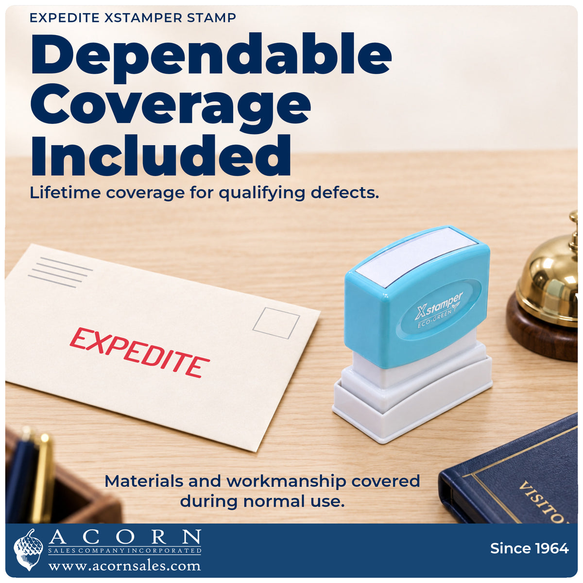 Lifetime guarantee graphic shown with the Xstamper Expedite Stamp from Acorn Sales