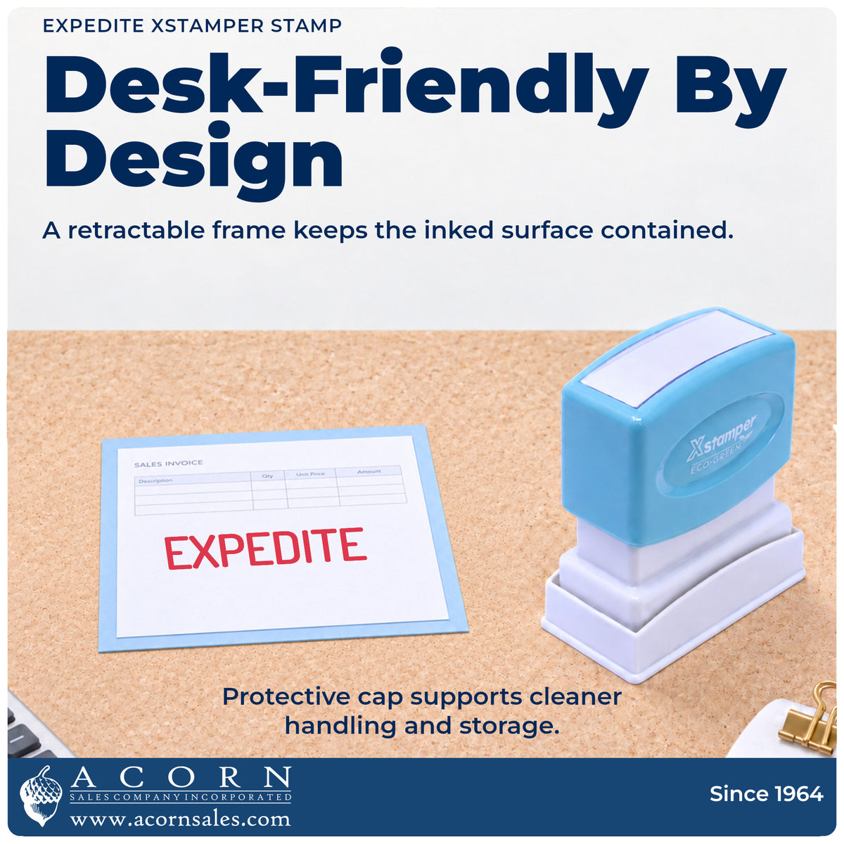 Features of the Xstamper Expedite Stamp: pre-inked Xstamper 1034, 1/2 x 1-5/8 in imprint