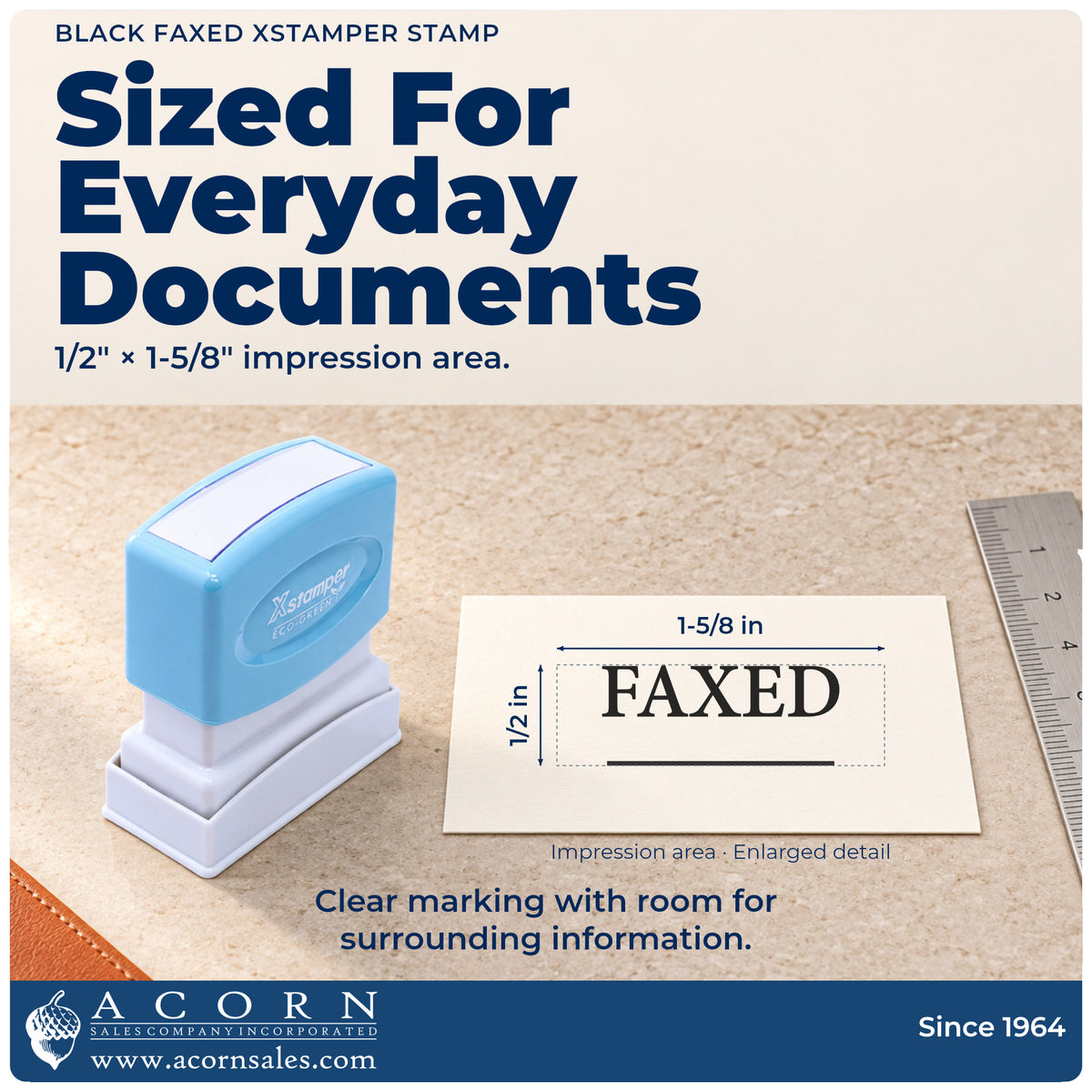 Impression size guide: the "Faxed" imprint measures 1-5/8 x 1/2 in
