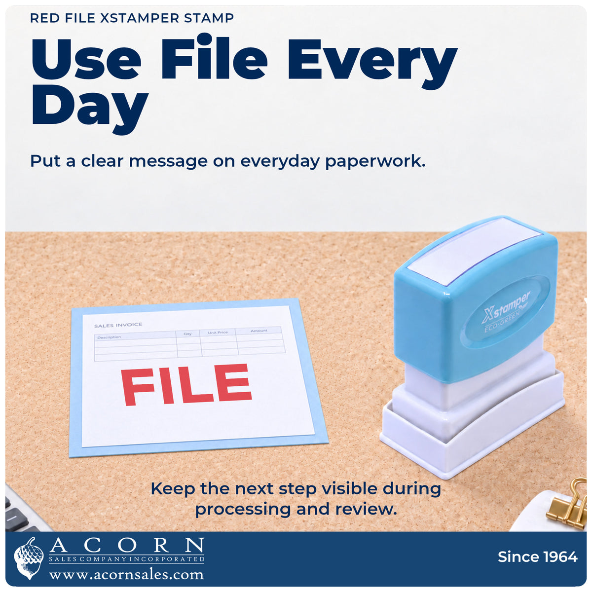 Red File Stamp being pressed to leave an imprint reading "File"