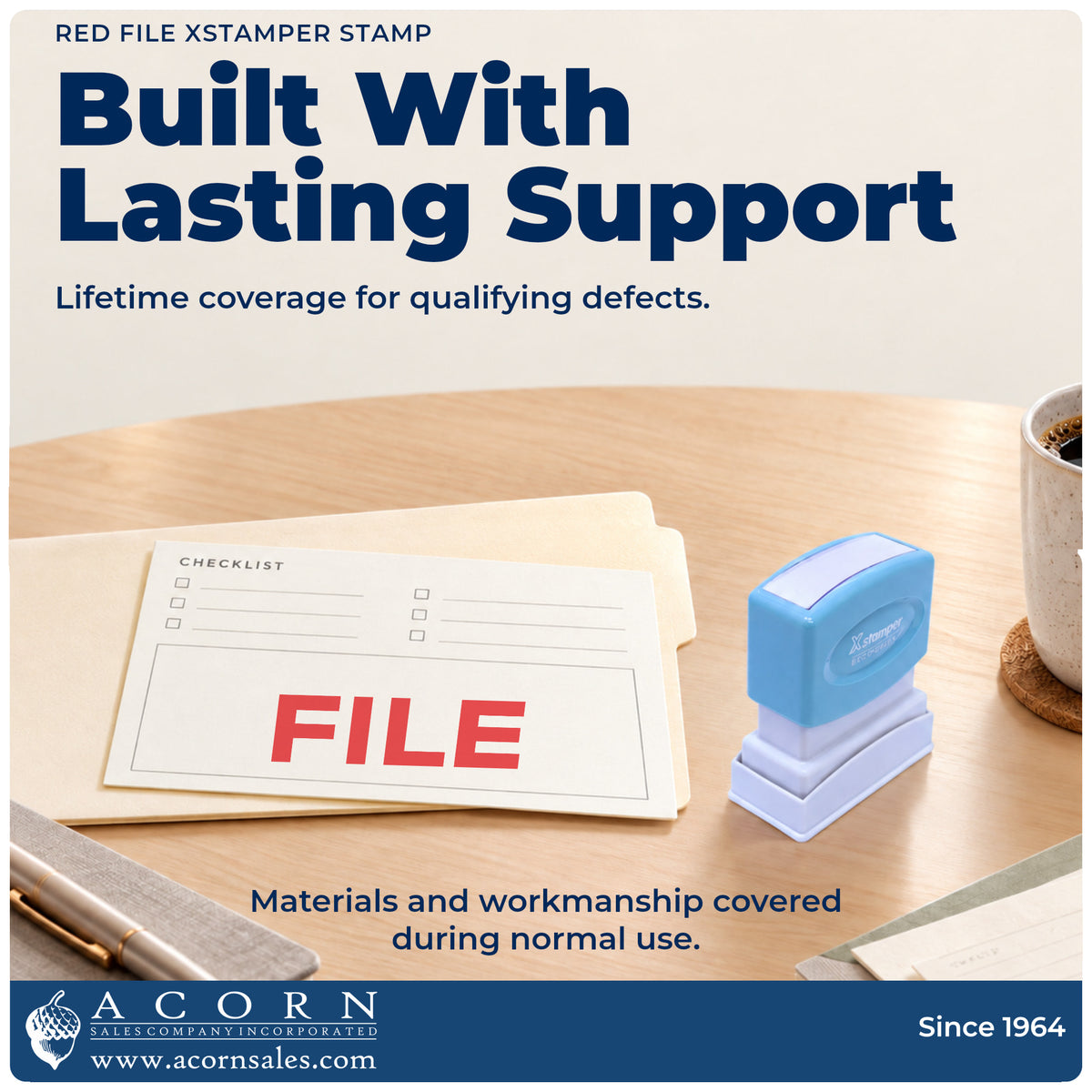 Lifetime guarantee graphic shown with the Red File Stamp from Acorn Sales