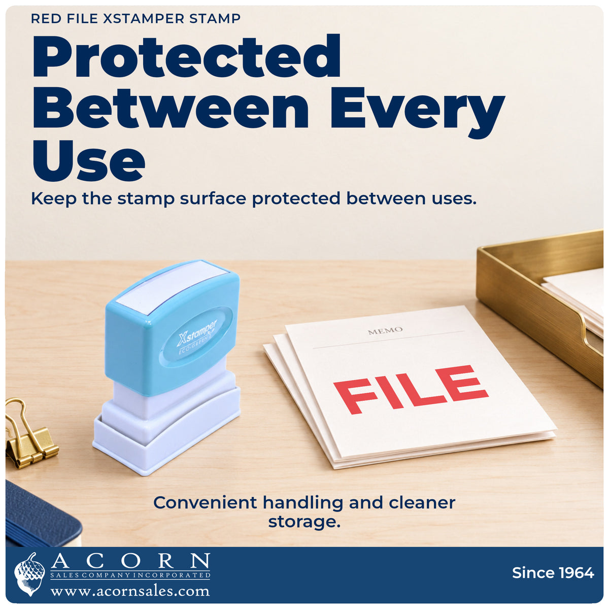 Features of the Red File Stamp: pre-inked Xstamper 1051, 1/2 x 1-5/8 in imprint