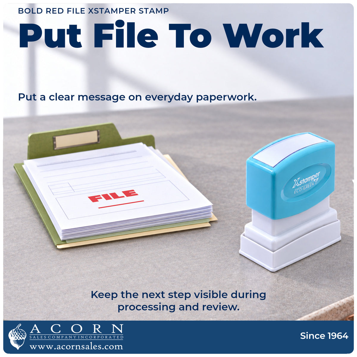 Xstamper File Stamp – Bold Red Pre-Inked being pressed to leave an imprint reading "File"