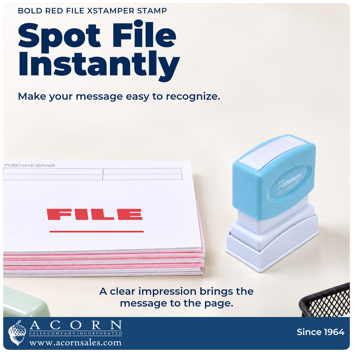 "File" imprint on office paperwork beside the Xstamper File Stamp – Bold Red Pre-Inked