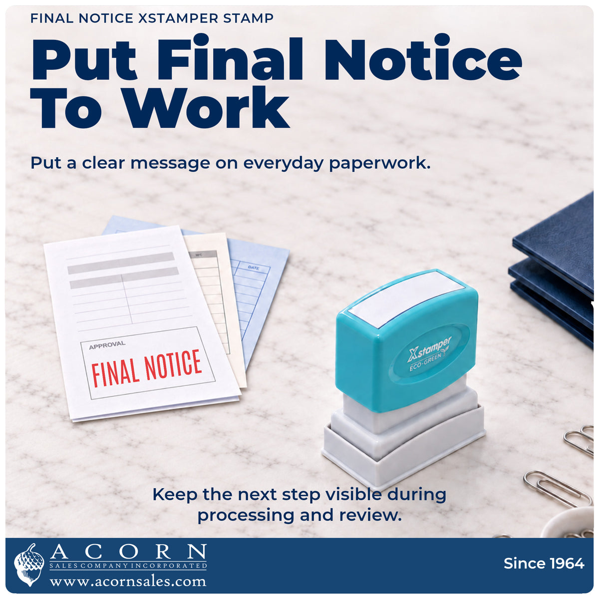 Xstamper Final Notice Billing Stamp being pressed to leave an imprint reading "Final notice"