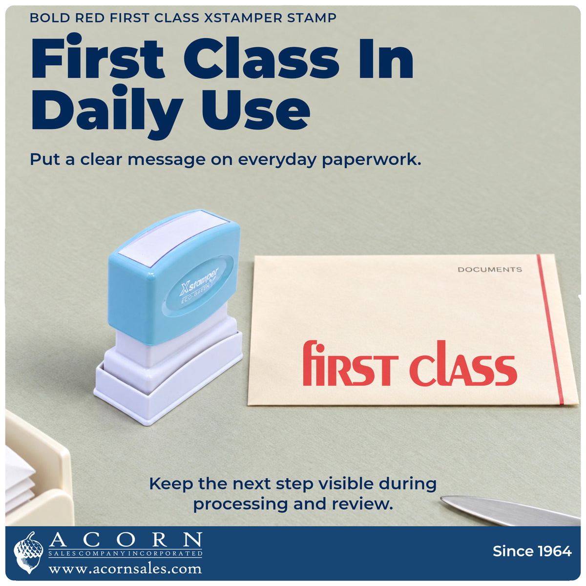 Bold Red First Class Stamp being pressed to leave an imprint reading "First class"