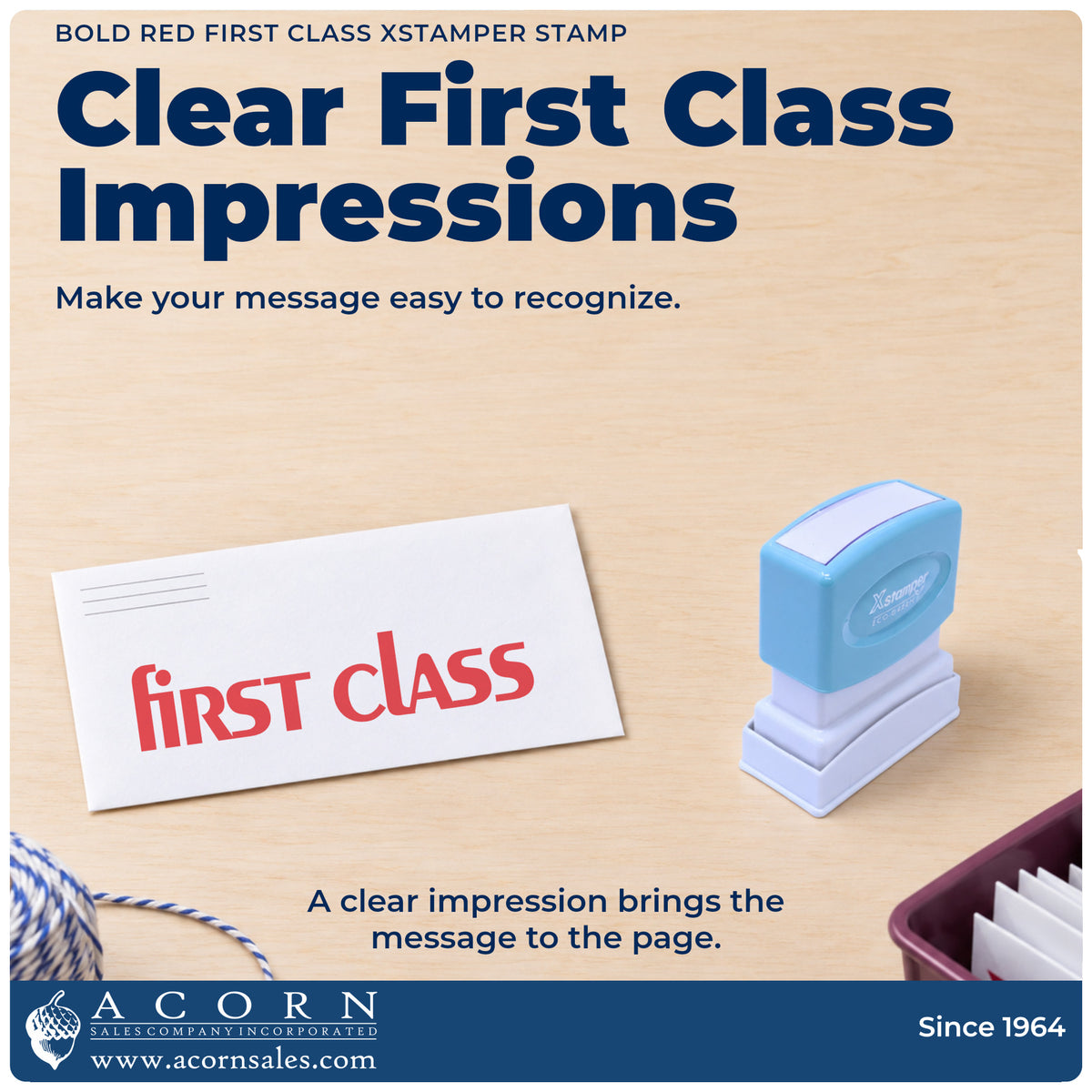"First class" imprint on office paperwork beside the Bold Red First Class Stamp
