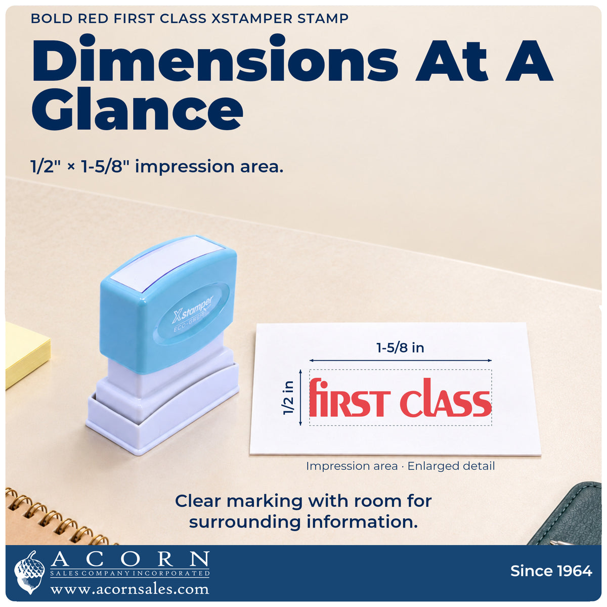 Impression size guide: the "First class" imprint measures 1/2 x 1-5/8 in