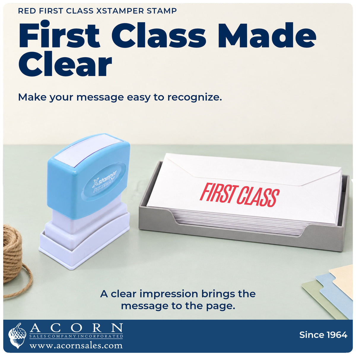 "First class" imprint on office paperwork beside the Xstamper First Class Envelope Stamp – Red Pre-Inked